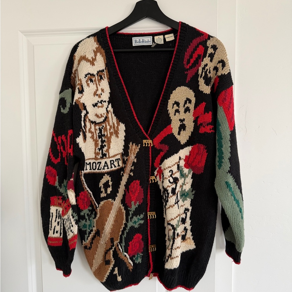 vtg Belle Pointe Mozart theater opera music cardigan sweater size M